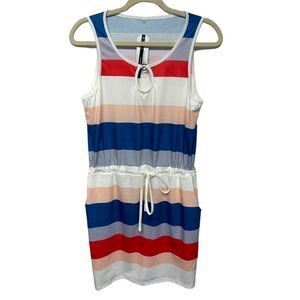NWT Saukole Sleeveless Striped Mini Dress Casual Sundress Keyhole Scrunch Waist